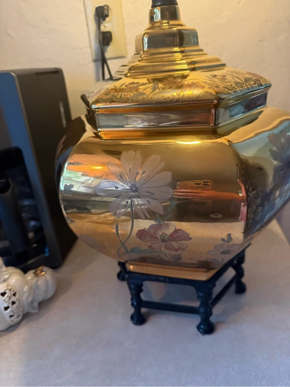 Vintage Solid Cast Brass Chinoiserie Ginger Jar Table Lamp hand painted flowers